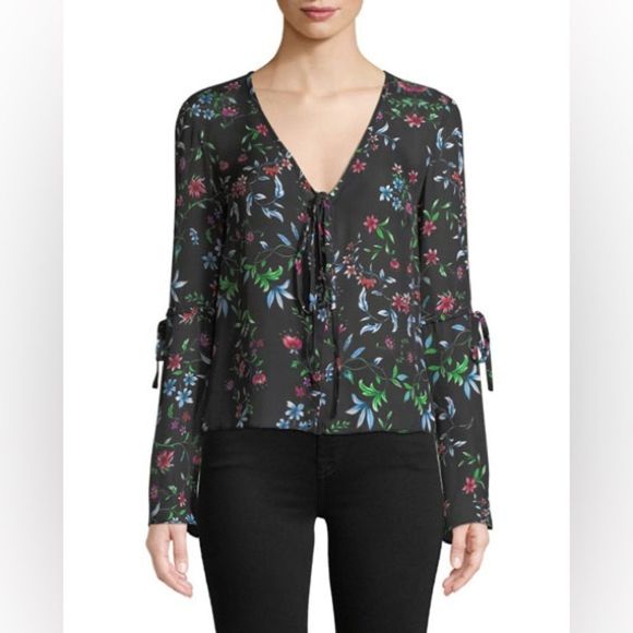 🎀 Milly Maggie v neck black wild flower print silk light weight blouse medium - Picture 1 of 9